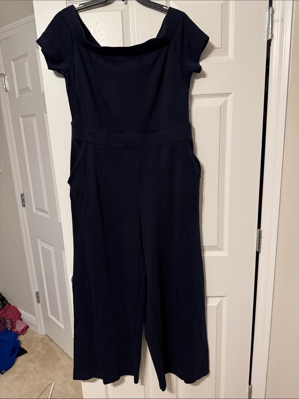 New York & Company Navy Off-Shoulder Wide-Leg Jumpsuit